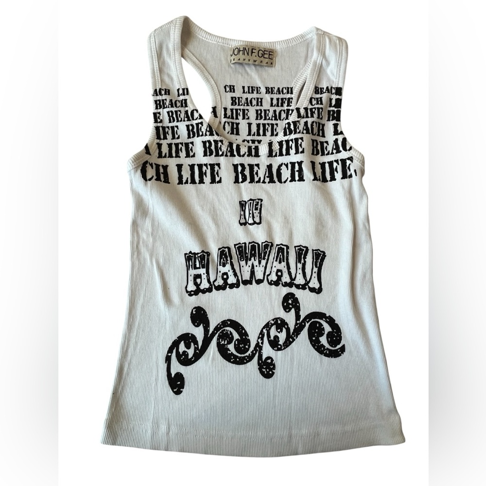 VINTAGE 90S JOHN F GEE HAWAII WHITE BLACK TANK TOP SIZE SMALL WOMENS
